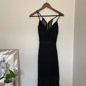 Floor length black lace back Honey and Ros…